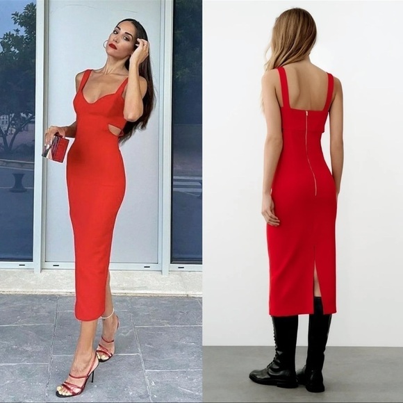 ZARA Blogger Favorite Red Cutout Strappy Bodycon Midi Dress XS NWT Valentines - Picture 6 of 16
